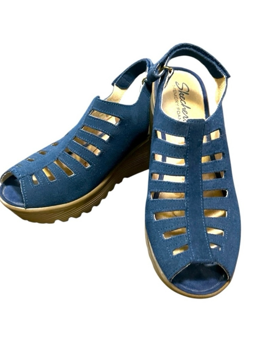 Skechers Navy Blue Suede Cutout Wedge Sandals